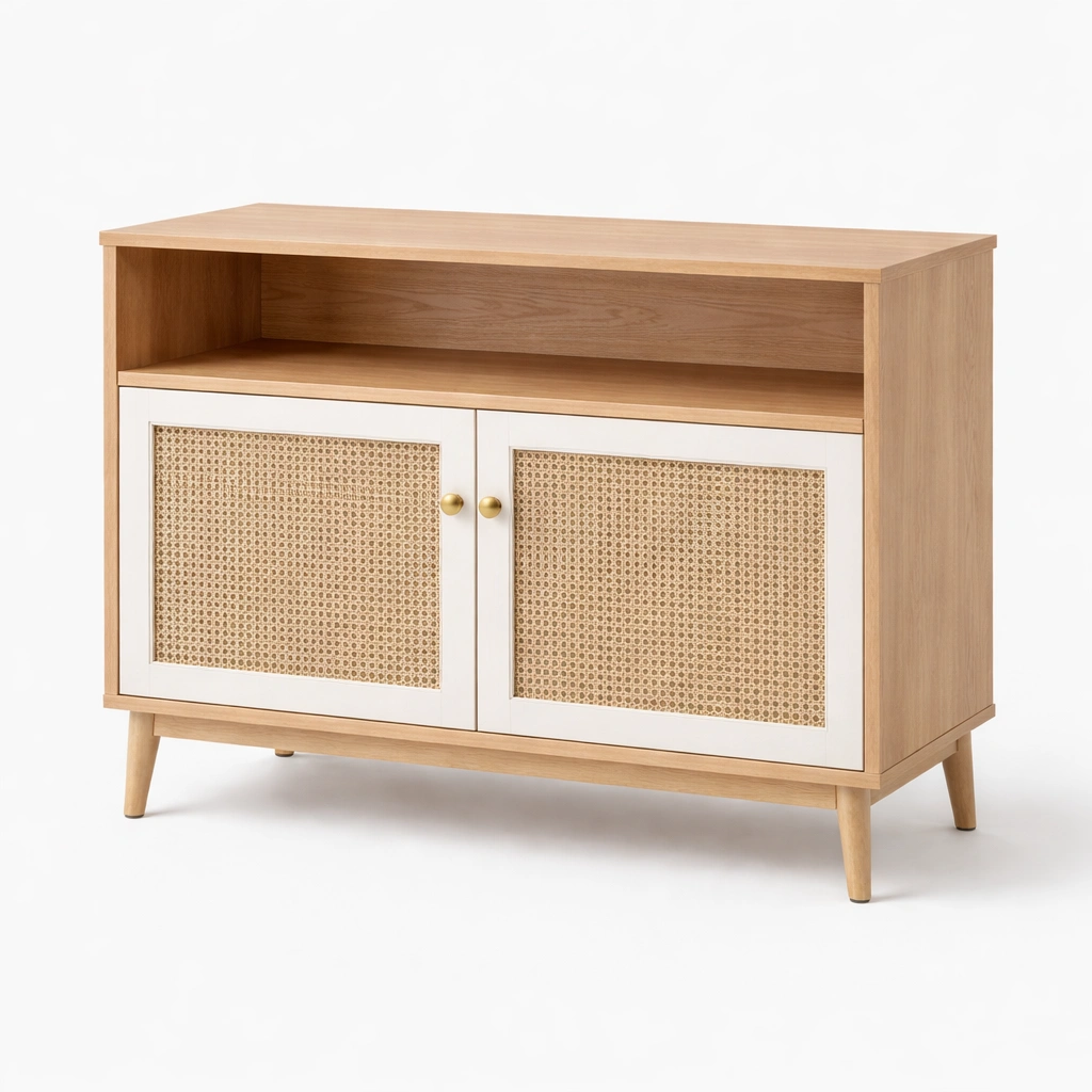Sideboard mit Rattan Tueren und offenem Fach Holzoptik